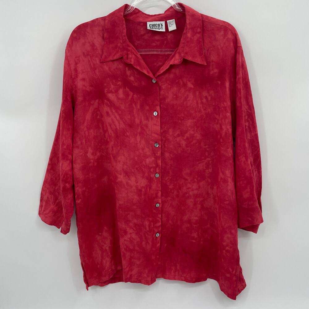 CHICO's Shirt Linen Acid Wash Women Sz 3 US XL Button Front Red 3/4 Sleeve